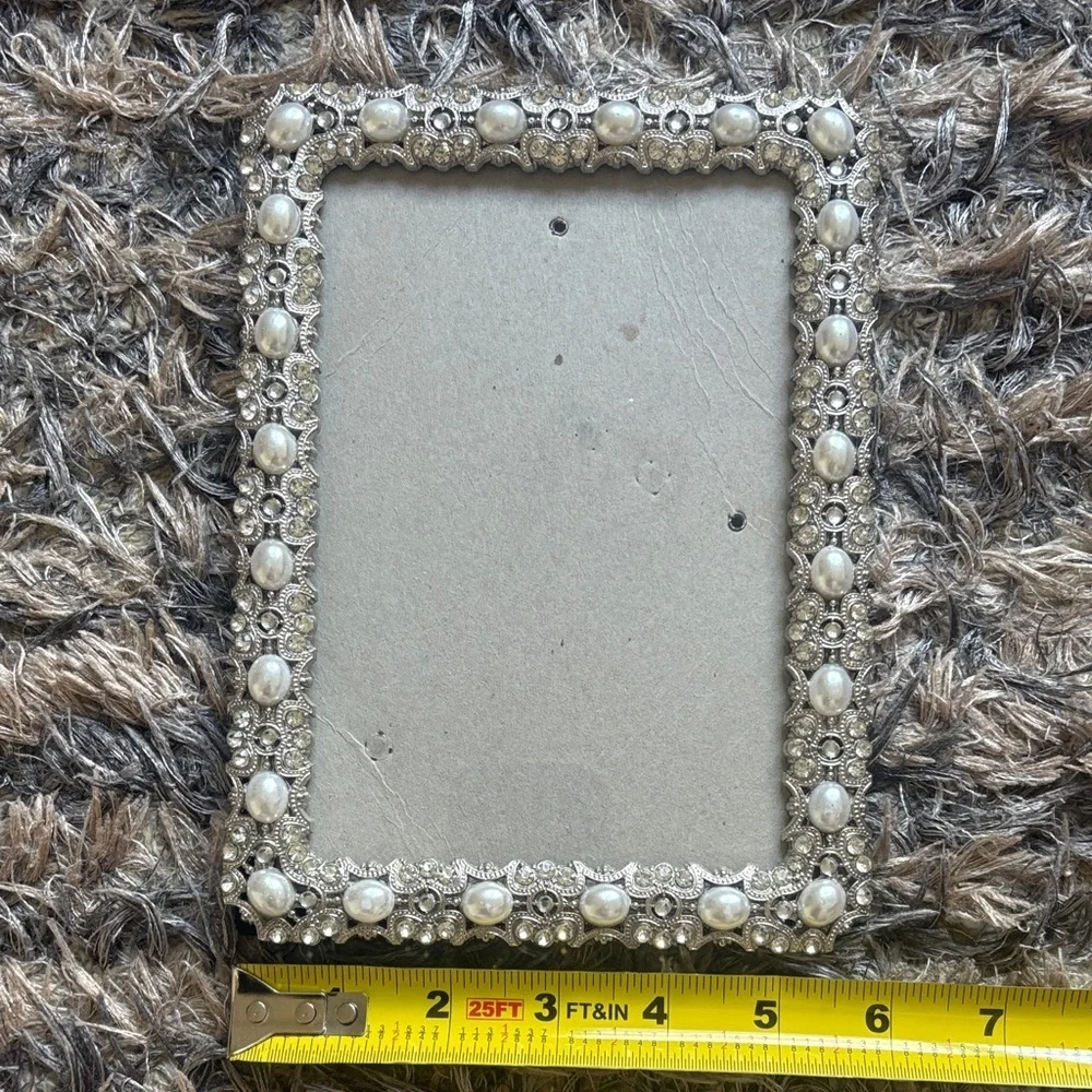 Pearl & Rhinestone Silver Photo Frame, Black Leather-Look family Photo Frame 5x7